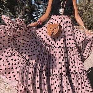Pink Polka Dot Tiered Ruffle Maxi Skirt L